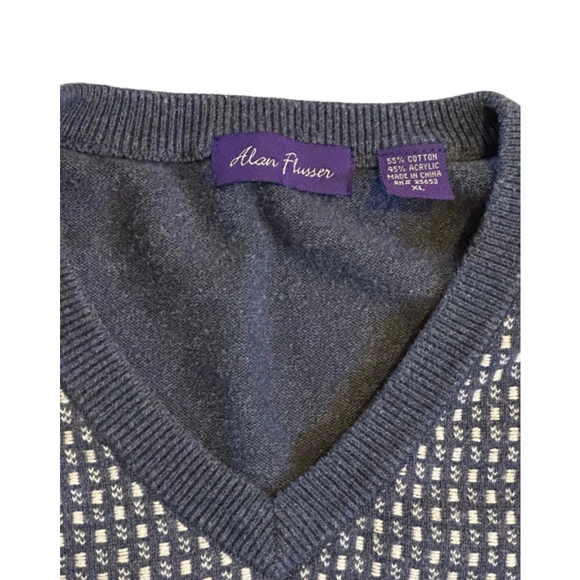 Alan Flusser Men’s Heather Navy and White Design V Neck Sweater Size X-Large - Picture 2 of 5
